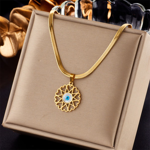 Fashion Pendant <b>Necklace</b> Gold Flower Shape Evil Eye Bezel Setting Stainless Steel Gift Jewelry - Product Image 1