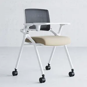 White Mesh Back Training Chair With Writing Table Pad Mesh Plastic Study Chair With Wheels
