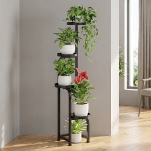 Support à plantes moderne en métal à 4 niveaux, étagère à pots de fleurs d'intérieur, design minimaliste, revêtement en poudre noir pour l'affichage de la verdure à la maison - Product Image 1