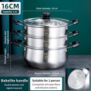 Marmite en acier inoxydable SUS 304 avec poignée en bakélite, couvercle en verre trempé transparent et compartiment vapeur – Ensemble d'ustensiles de cuisson - Product Image 4