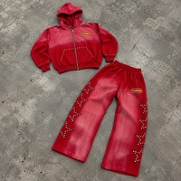 Ensemble de survêtements amples pour hommes avec logo en strass et motif délavé au soleil, comprenant un sweat à capuche zippé et un pantalon de survêtement – Fabricant