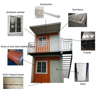 Maison modulaire préfabriquée à double étage, structure en acier, murs en panneaux sandwich, porte en acier, fenêtres coulissantes en PVC
