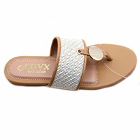 Vêtements d'été d'été pour femmes tongs de plage plates à bout ouvert métal rétro tissé mode pantoufles simples pour femmes
