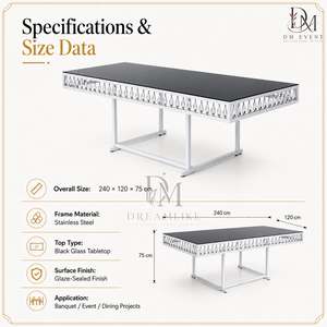 Premium Stainless Steel Banquet <b>Table</b> Black Glass Top Crystal Trim Silver Frame Event Rental Wholesale Supplier - Product Image 5