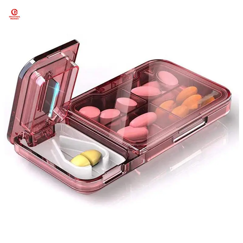 Caja de compartimento de almacenamiento de medicamentos de plástico transparente con divisor de cortador de pastillas para sostener tabletas y cortar pastillas por la mitad