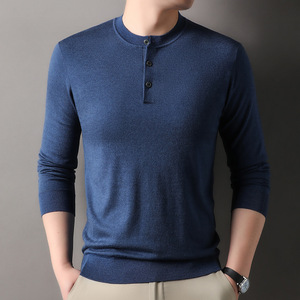 Nouveauté, tricot de qualité en laine peignée, t-shirt à manches longues léger pour homme, col Henry, contenant de la laine de cachemire, pull - Product Image 1