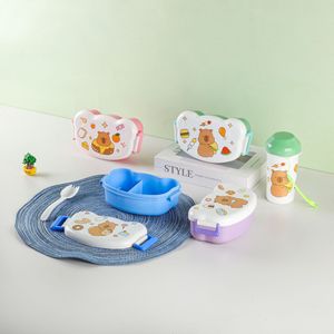 Cute Cartoon <b>Lunch</b> Box <b>Set</b> With Water Bottle For Kids School Picnic Clamshell Design Plastic Lid - Product Image 1