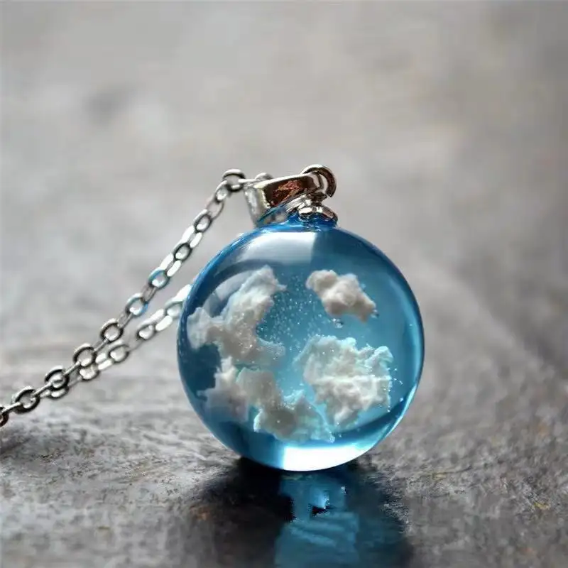 Trendy Blauwe Hemel Witte Wolk Bal Hars Ronde Bal Hanger Ketting Sieraden Ketting Stenen Drijvende Ketting Ketting