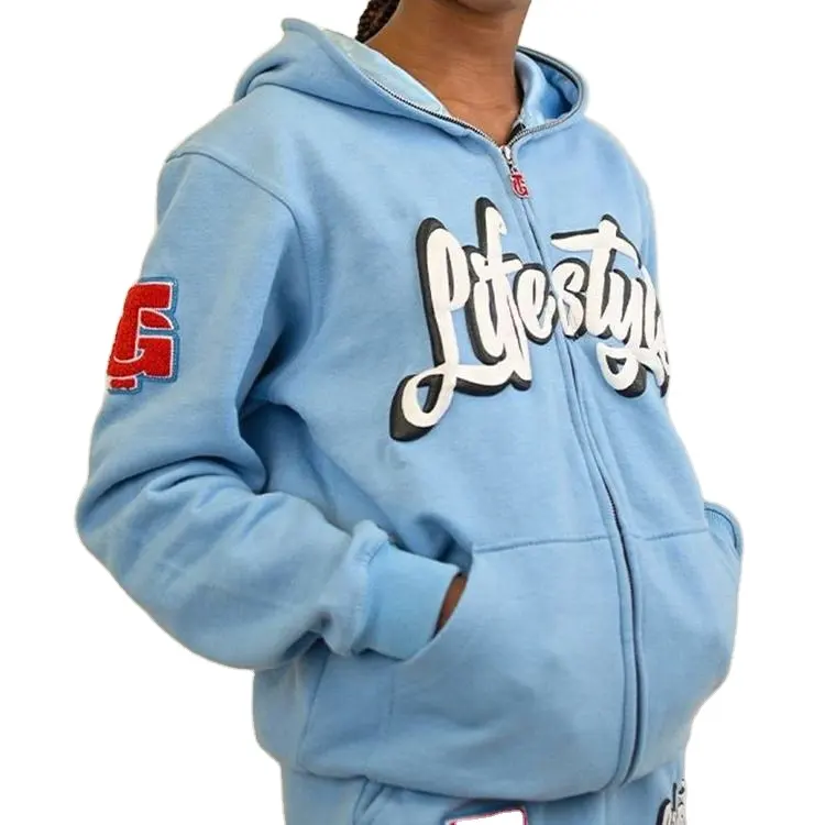 Custom logo men 380 gsm 3d logo french terry oversized sweatshirt full zip up puff print hoodie