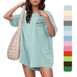 เดรสเสื้อยืดตัวสั้นของผู้หญิงคอตตอน100% เรียบหรูทรงหลวมมีกระเป๋าขนาดใหญ่ดีไซน์ตามสั่ง - Product Image 1