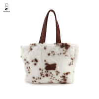 Sac fourre-tout personnalisé à imprimé vache, sac de shopping en peluche douce avec poignées en cuir marron, sac à main décontracté tendance pour femmes