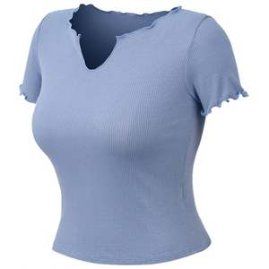 Camiseta deportiva informal de verano para mujer europea americana, camiseta recortada ajustada de Color sólido de punto corto transfronterizo - Product Image 1