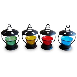 4 Piece Metal Tealight Candle Holder <b>Set</b> Hanging <b>Lantern</b> Style Table Decor Color Glass Cups for Home Wedding Party - Product Image 1
