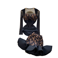 Ensemble body en dentelle à manches longues et jupe courte à volants pour femme, idéal pour les soirées en club, toutes saisons