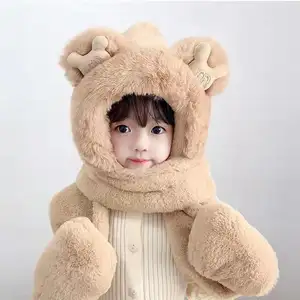 New Winter Kids' Plush Hat Cute Cartoon Three in One Hooded Bear Hat Scarf Gloves Women Cycling Parent-child Ear Pullover hat