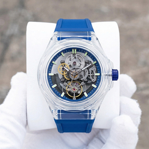 Montre automatique pour homme, boîtier en plastique, bracelet en silicone bleu, entièrement squelette, transparente, avec logo personnalisé, faible MOQ, OEM, ODM. - Product Image 1