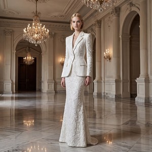 Ensemble 2 pièces blanc ivoire <span class=keywords><strong>pour</strong></span> femme, blazer à bouton unique et jupe moulante, broderie florale baroque, formel, <span class=keywords><strong>mariage</strong></span>, sur mesure OEM/ODM - Product Image 3