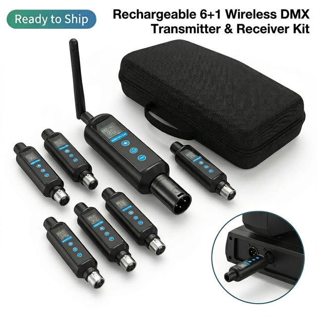 6 Receivers + 1 Transmitter DMX512 Wireless Transceiver Kit Rechargeable Battery Digital Display 2.4GHz Long Stage Lighting