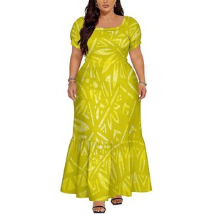 Robe longue maxi personnalisée pour <span class=keywords><strong>femme</strong></span> grande taille, motif tribal polynésien violet, col carré, manches courtes bouffantes, à volants superposés - Product Image 3