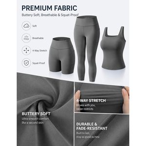FOXA 3 Piece Workout Set High Waisted <b>Leggings</b> <b>With</b> <b>Pockets</b> Sports Bra Biker Shorts Yoga Pants For Women - Product Image 6