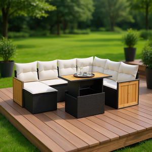 Ensemble de canapés de jardin en rotin noir crème 6 places, mobilier d'extérieur résistant aux intempéries, design contemporain, style bois de teck - Product Image 3