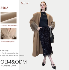 Zola Women's Winter Long Cashmere <strong>Coat</strong> Fur Trim Handmade ODM Service Casual Vintage Style V-neck Belt Closure Woolen Fabric 2kg - Product Image 1