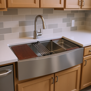 Évier de cuisine style ferme 33 pouces, cuve unique, en acier inoxydable 304, surface brossée, installation encastrée au-dessus du comptoir - Product Image 2