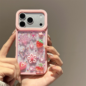 เคสโทรศัพท์มือถือลายกลิตเตอร์สตรอว์เบอร์รี่ผีเสื้อ สำหรับ iPhone 17 Air 16 15 14 Pro Max ลายดอกไม้เรซิ่นเชอร์รี่ DIY ดาว รูปหัวใจ ฝาหลัง - Product Image 4