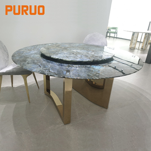 <span class=keywords><strong>Table</strong></span> à <span class=keywords><strong>manger</strong></span> Lazy Susan avec base en forme d'éventail dorée, <span class=keywords><strong>table</strong></span> à <span class=keywords><strong>manger</strong></span> ronde <span class=keywords><strong>tendance</strong></span> italienne de luxe avec plateau en pierre azur, mécanisme de plateau tournant - Product Image 2