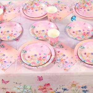 Ensembles <span class=keywords><strong>de</strong></span> vaisselle jetable personnalisée à fleurs florales pour fêtes Assiettes en <span class=keywords><strong>papier</strong></span> Tasses à serviettes Thème princesse rose Ensembles d'assiettes pour fêtes d'<span class=keywords><strong>anniversaire</strong></span> - Product Image 4