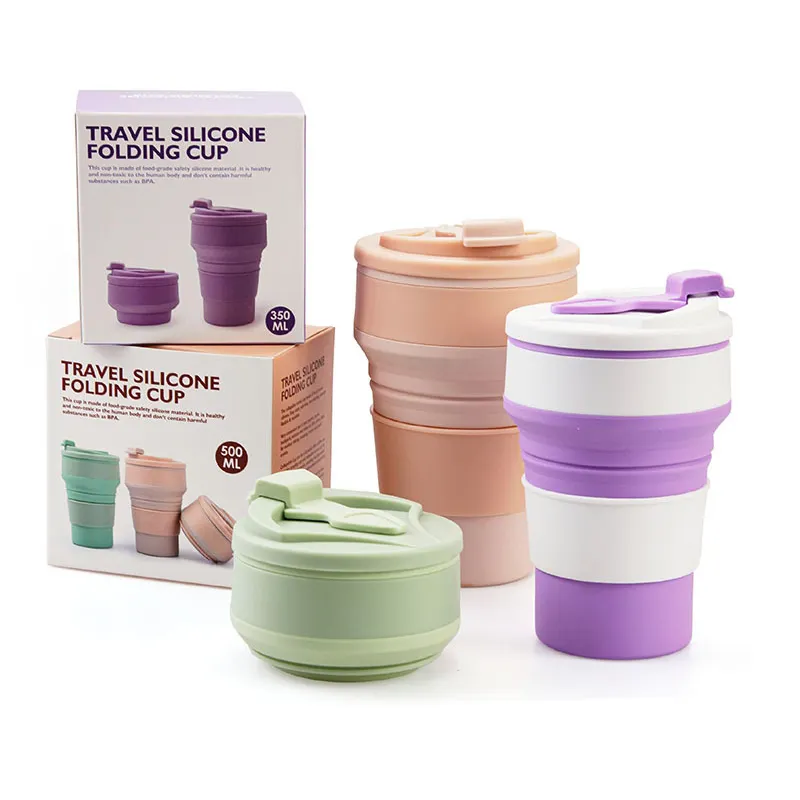 Reusable Portable Coffee Mug Heat Resistant Silicone Foldable Collapsible Travel Tumbler Drinking Cup with Lid And Straw