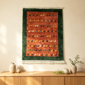 Alfombra de Lana Anudada a Mano al por Mayor de Fábrica, Color Rojo Óxido con Borde Verde Oscuro, Patrón de Ciervo para Decoración de Pisos, 82*128cm - Product Image 6