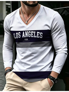 T-shirt à manches longues pour homme, col en V, imprimé Los Angeles, color block, rayures, respirant, décontracté, usage quotidien, vente en gros, GSM non spécifié - Product Image 1