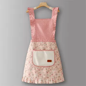 Korean Style Long Sleeve Florets Print Aprons With Pocket Women Kitchen Cooking Apron For Restaurant Hotel