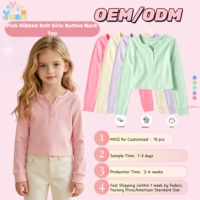 OEM ODM Einfarbiges Rosa Langarm-Rippstrick-Oberteil für Mädchen mit Knopfleiste Kurzes Crop-Top Frühling Herbst Mädchen Freizeitbluse