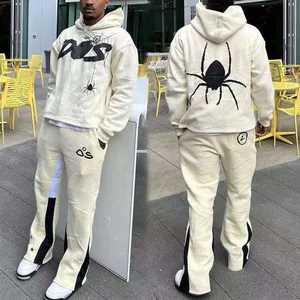 Özel Streetwear 2 parça set yığılmış flare sweatpants jogger ve kırpılmış hoodie seti y2k erkekler eşofman eşofman örümcek hoodie