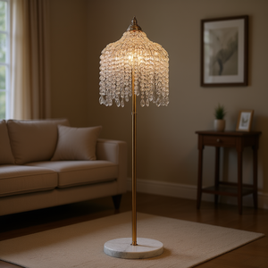Lampadaire en cristal vintage, design cascade, avec guirlandes de perles en forme de raisin, base en marbre, en fer doré, 3 lumières LED, pour salon - Product Image 2
