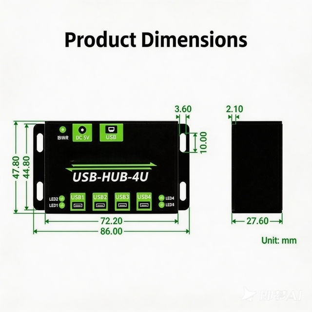 Industrial-grade USB Hub with 4 USB 2.0 Ports Metal Construction One-to-Four Interface Expansion