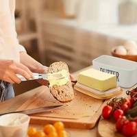 Beurrier rectangulaire en céramique avec couvercle et couteau - Récipient hermétique en bambou pour fromage, beurre et pâté, idéal pour la cuisine domestique