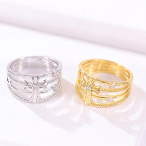 Wholesale Fashion Brass 14K Gold Plated Prong <b>Set</b> Stackable Textured Cubic Zircon Cross Statement Religious <b>Ring</b> Third Party - Product Image 1