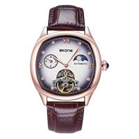 Montre mécanique entièrement automatique Shikong, phase de lune, bracelet en cuir véritable, boîtier en alliage, fermoir papillon - Style business pour homme