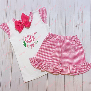Ensemble de vêtements pour sœurs personnalisées, shorts en seersucker à rayures assorties, ensemble de vêtements pour petites filles à volants sans manches - Product Image 5