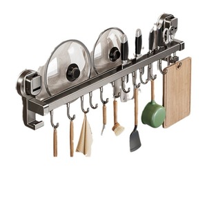 <b>Kitchen</b> Suction Cup Storage Rack With <b>Hooks</b> Wall Mounted Knife Holder Utensil Organizer Pot Lid Rack Chrome Finish Punch Free - Product Image 3