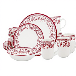 Juego de Vajilla de Porcelana <span class=keywords><strong>Tudor</strong></span> Royal de 24 Piezas para 6 Personas, Color Rosa Aster, con Platos, Tazones, Tazas y Vajilla Floral Roja, Acabado Brillante de Primera Calidad - Product Image 1