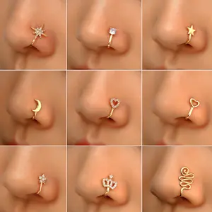 Anneaux de nez en or pour femmes, bijoux à la mode, en forme de cœur, d'étoile, de Zircon, de Faux Piercing, avec clips