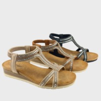 Sandales compensées d'été à semelle souple en faux daim, à bride en T, à bride arrière élastique, à enfiler, confortables, avec strass pour femme