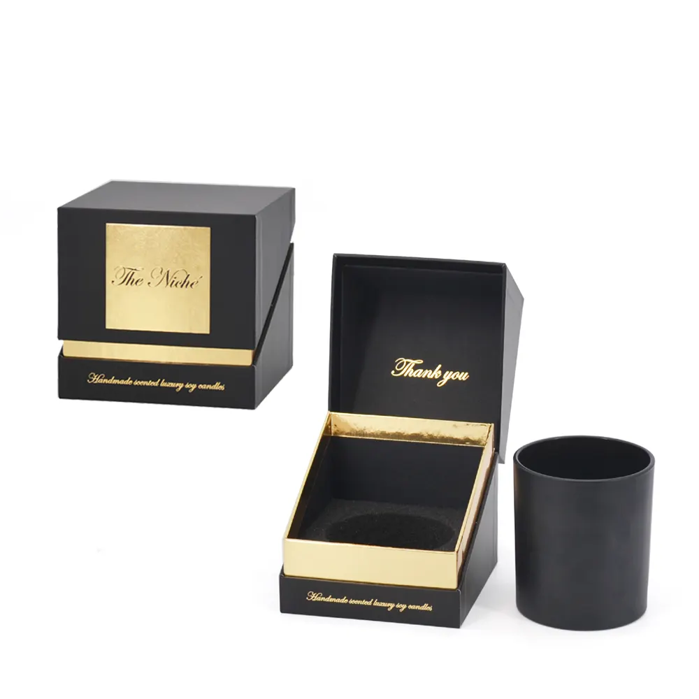Tùy Chỉnh Màu Đen Nến Chum Với Nắp Và Hộp Bao Bì Nến Hộp Quà Tặng Các Tông Giấy In Ấn Vàng Foil Logo Luxury Candle Box