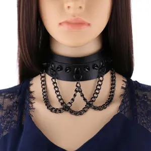 women man punk rivet PU leather bondage chain collar sexy goth black metal necklace goth belt