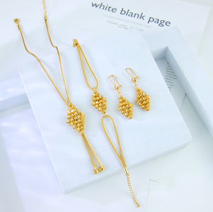 Ensemble de bijoux élégants en perles dorées plaqué or 21 carats, résistant à l'eau, collier, bracelet et boucles d'oreilles pour mariée, ensemble de 3 pièces pour femmes - Product Image 1