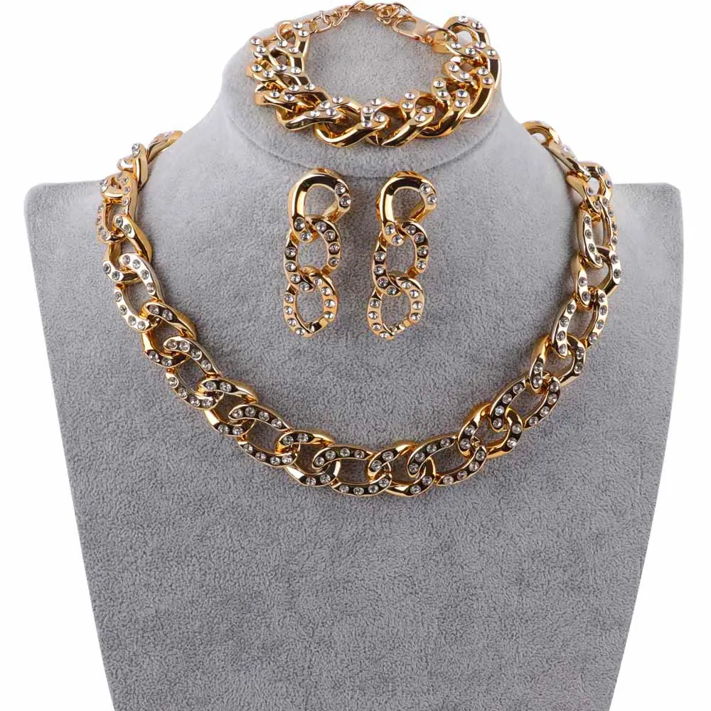 Hiphop Punk Round Shape Long Link Chain Acrylic Choker Necklace Jewelry Sets Gold Plated Silver Fashion Necklace Set for Women